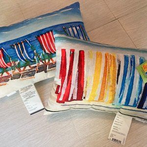 Grab A Chair and Striped Towel Climaweave Pillows 18”x13” Indoor/Outdoor  NWT